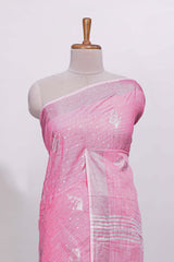 Pink butta designed linen cotton saree with self border and matching blouse
