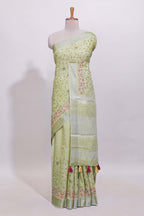 Pastel green floral designed linen cotton saree with self border and matching blouse