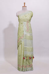 Pastel green floral designed linen cotton saree with self border and matching blouse