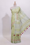 Pastel green floral designed linen cotton saree with self border and matching blouse