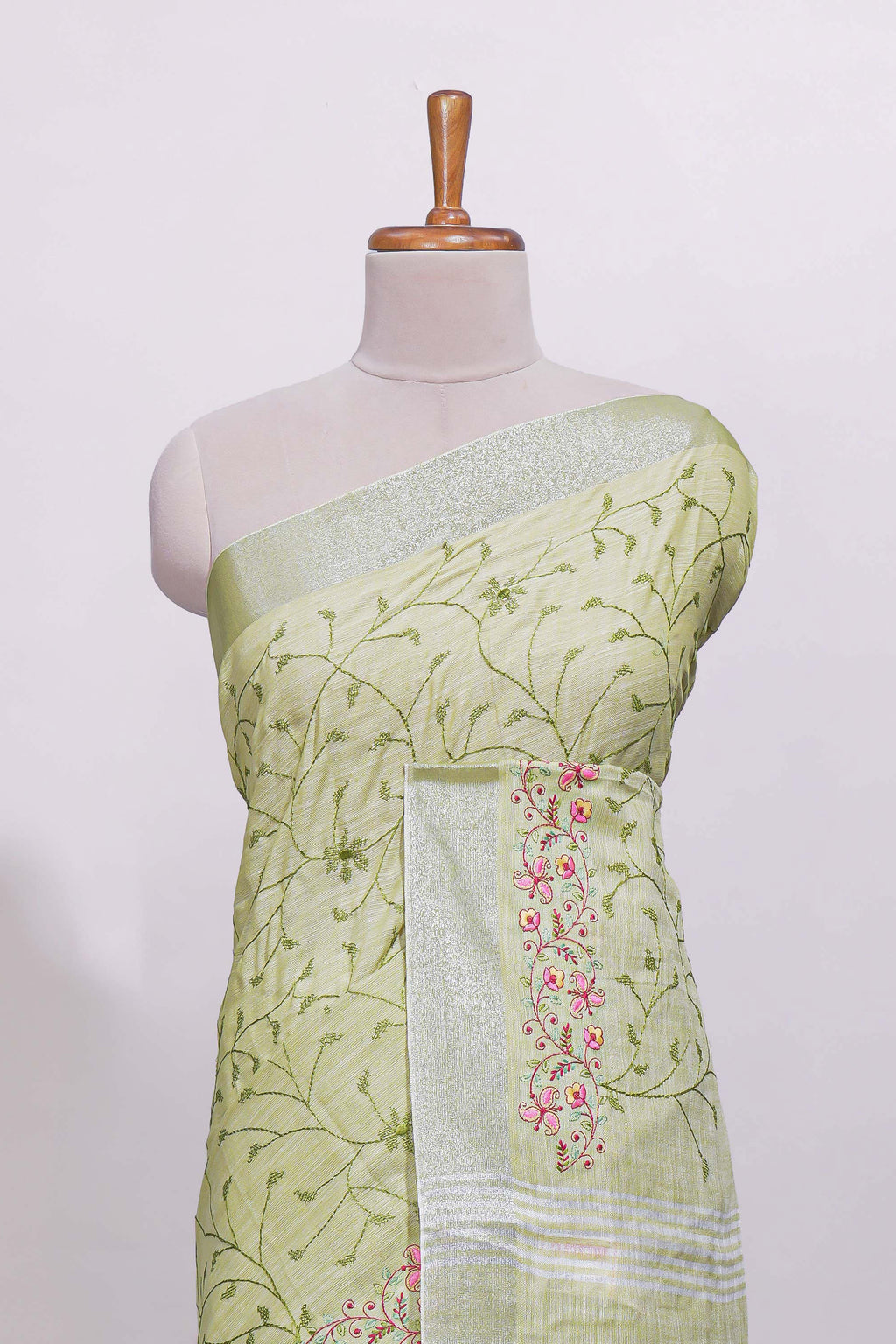 Pastel green floral designed linen cotton saree with self border and matching blouse