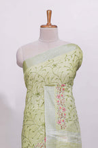 Pastel green floral designed linen cotton saree with self border and matching blouse
