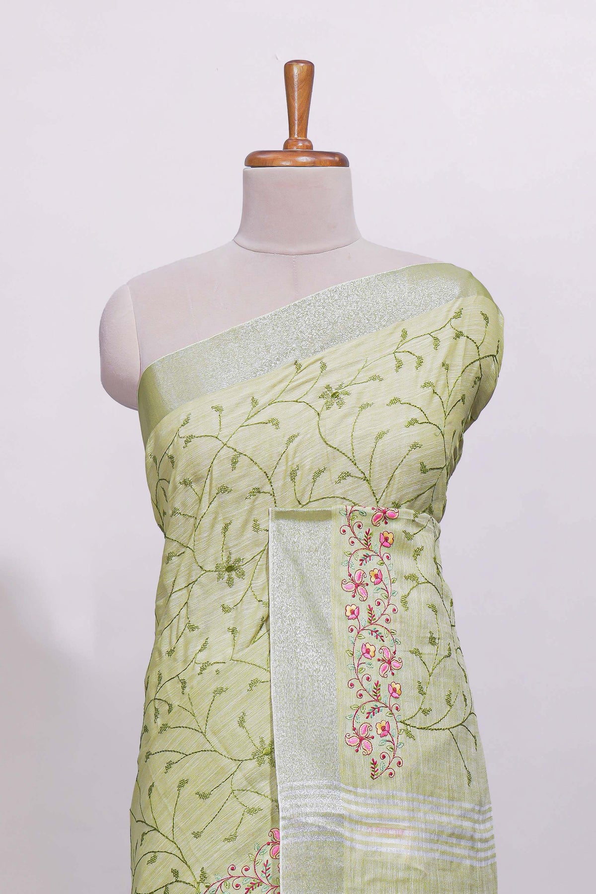 Pastel green floral designed linen cotton saree with self border and matching blouse