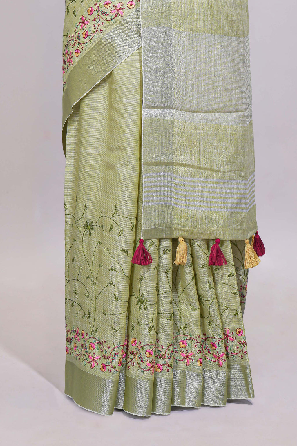 Pastel green floral designed linen cotton saree with self border and matching blouse