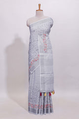 Grey floral designed linen cotton saree with self border and matching blouse