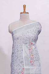 Grey floral designed linen cotton saree with self border and matching blouse