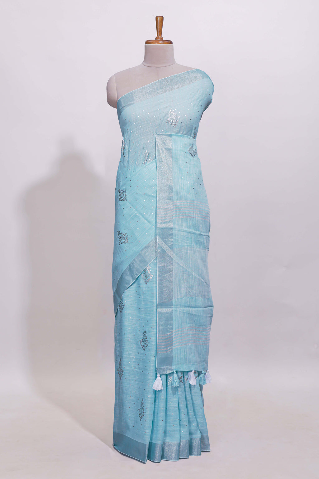 Blue zari butta designed linen cotton saree with self border and matching blouse