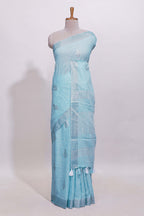 Blue zari butta designed linen cotton saree with self border and matching blouse