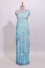 Blue zari butta designed linen cotton saree with self border and matching blouse