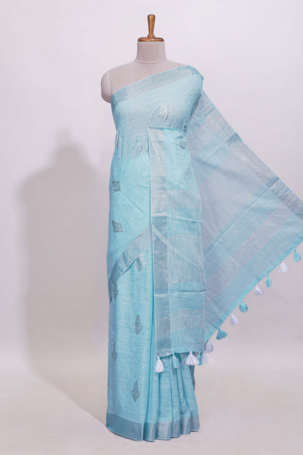 Blue zari butta designed linen cotton saree with self border and matching blouse