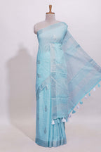 Blue zari butta designed linen cotton saree with self border and matching blouse