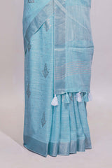 Blue zari butta designed linen cotton saree with self border and matching blouse