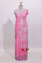 Pink floral designed linen cotton saree with self border and matching blouse