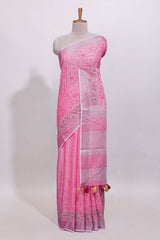 Pink floral designed linen cotton saree with self border and matching blouse