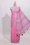 Pink floral designed linen cotton saree with self border and matching blouse