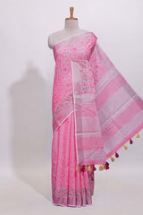 Pink floral designed linen cotton saree with self border and matching blouse