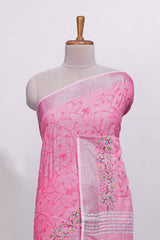 Pink floral designed linen cotton saree with self border and matching blouse
