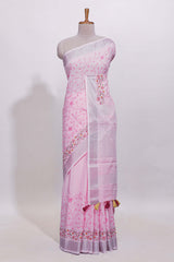 Light pink floral designed linen cotton saree with self border and matching blouse