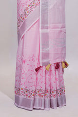 Light pink floral designed linen cotton saree with self border and matching blouse