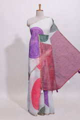 White bandhini designed linen cotton saree with self border and contrast blouse