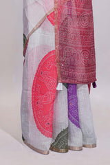 White bandhini designed linen cotton saree with self border and contrast blouse