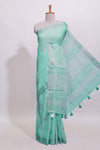 Mint green butta designed linen cotton saree with self zari border and matching blouse
