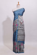 Steel blue geometric designed linen cotton saree with contrast border and blouse