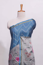 Steel blue geometric designed linen cotton saree with contrast border and blouse