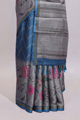 Steel blue geometric designed linen cotton saree with contrast border and blouse