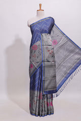 Ink blue geometric designed linen cotton saree with contrast border and blouse