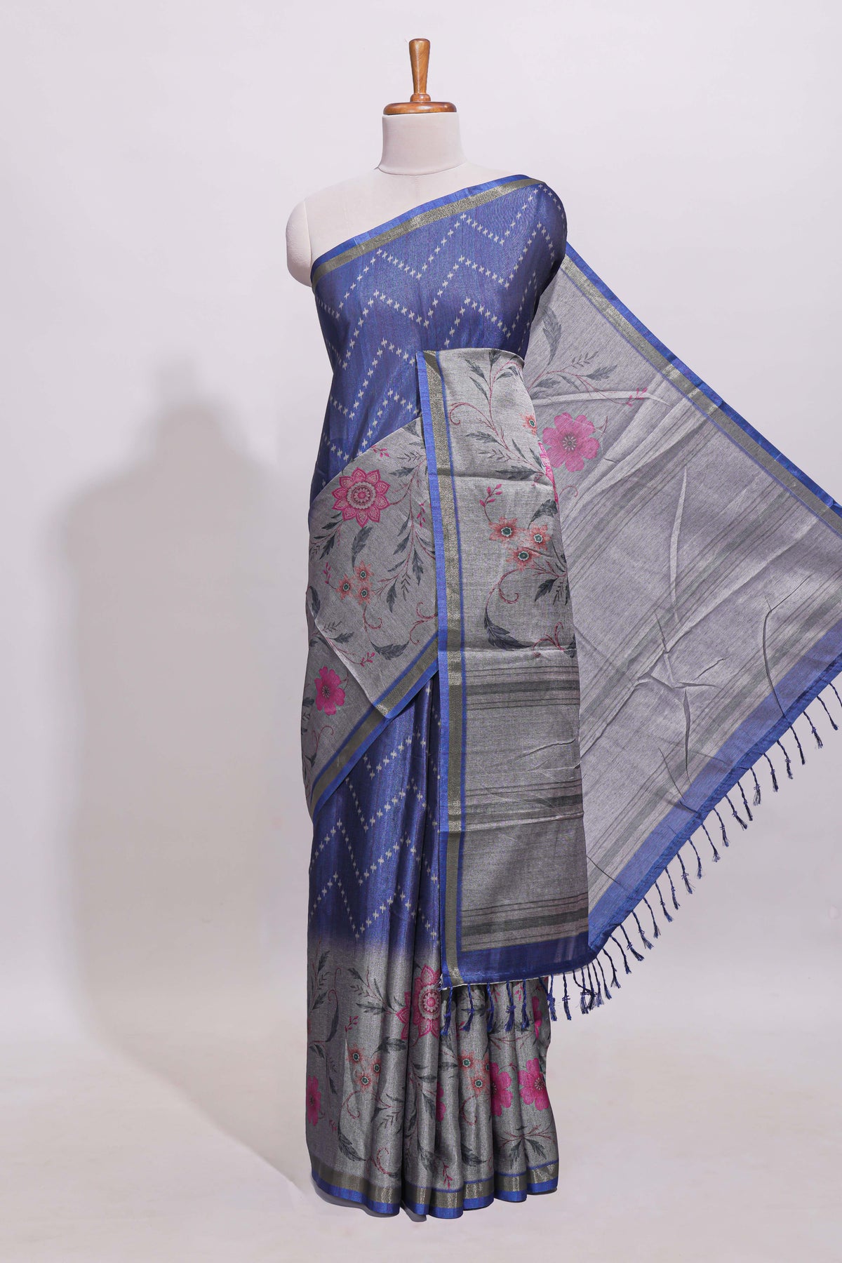 Ink blue geometric designed linen cotton saree with contrast border and blouse