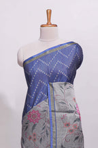 Ink blue geometric designed linen cotton saree with contrast border and blouse