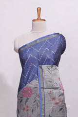Ink blue geometric designed linen cotton saree with contrast border and blouse