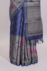 Ink blue geometric designed linen cotton saree with contrast border and blouse