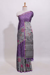 Purple geometric designed linen cotton saree with contrast border and blouse