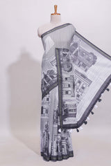 Black and white architectural cityscape print linen cotton saree with contrast border and blouse