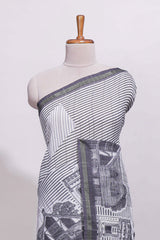 Black and white architectural cityscape print linen cotton saree with contrast border and blouse