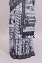 Black and white architectural cityscape print linen cotton saree with contrast border and blouse