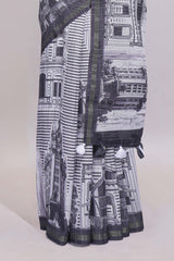 Black and white architectural cityscape print linen cotton saree with contrast border and blouse
