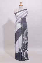 Black and white unique designed linen cotton saree with contrast border and blouse