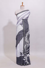 Black and white unique designed linen cotton saree with contrast border and blouse
