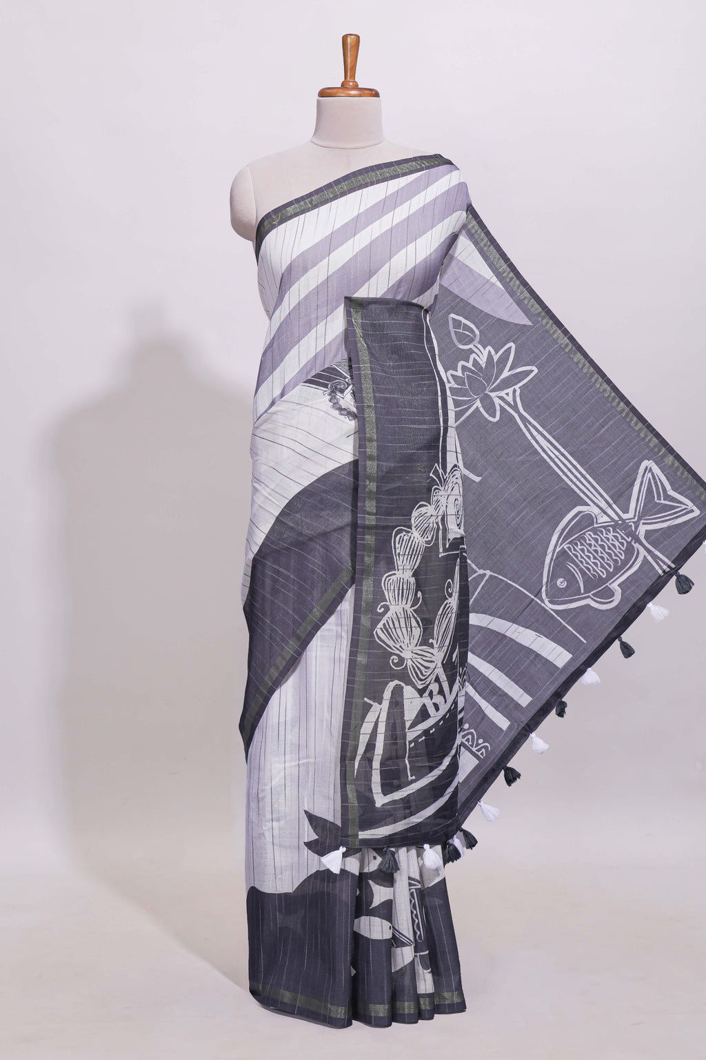 Black and white unique designed linen cotton saree with contrast border and blouse