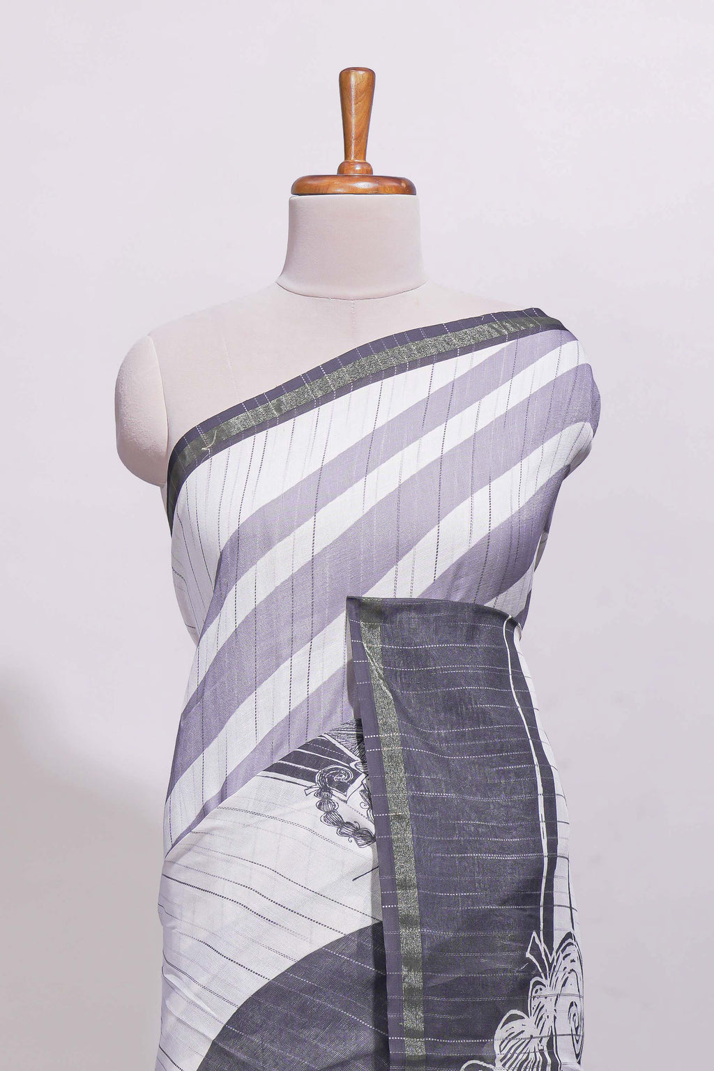 Black and white unique designed linen cotton saree with contrast border and blouse