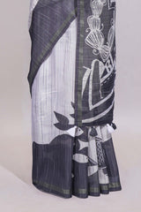 Black and white unique designed linen cotton saree with contrast border and blouse