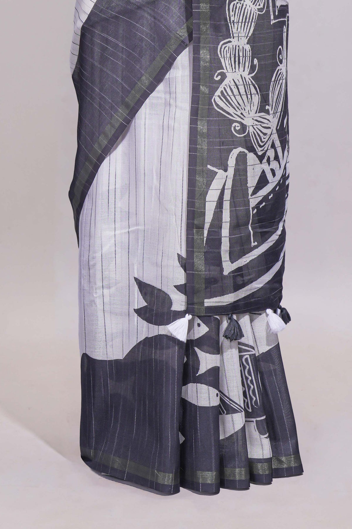 Black and white unique designed linen cotton saree with contrast border and blouse