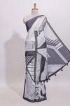 White geometric designed linen cotton saree with contrast border and blouse