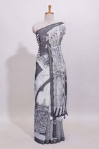 White architectural cityscape print linen cotton saree with contrast border and blouse