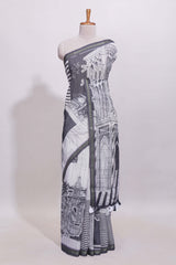 White architectural cityscape print linen cotton saree with contrast border and blouse
