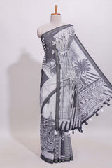 White architectural cityscape print linen cotton saree with contrast border and blouse