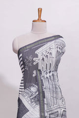 White architectural cityscape print linen cotton saree with contrast border and blouse
